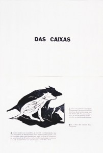 "Das Caixas", Yara Guasque, s/d, Florianópolis/SC, livro - xilogravura, tipografia, 14 págs. de 14 x 32,5 cm/ frente e verso