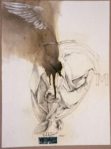 Sem Título , Sérgio Ferro, circa 1995, Grenoble, França, grafite com aguada de tinta acrílica e colagem com papel alumínio sobre papel, 61 x 45,7 cm