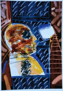 "Cyber", Pedro Pires, 2000, Florianópolis/SC, Técnica mista (aquarela, pastel, grafite, crayon, tinta de impressão, lápis de cor), 66 x 48 cm