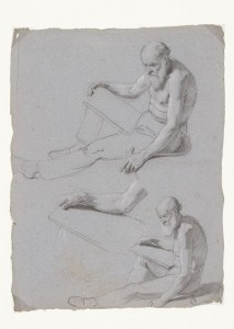 Duas Figuras de um Velho Sentado com Compasso e Prancheta: Detalhes, Tommaso Minardi, 1810/1820, Itália, Grafite e giz sobre papel, 53,0 x 40,5 cm